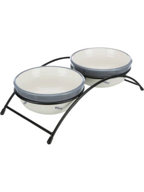 Trixie Bowl Set - kerámia tál (piros,mintás) fém állványban macskák részére (2x0,3l /Ø12cm)