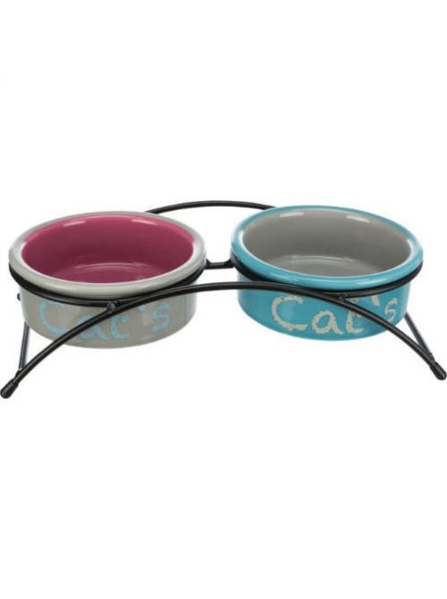 Trixie Bowl Set - kerámia tál (színes,mintás) fém állványban macskák részére (2x0,3l /Ø12cm)