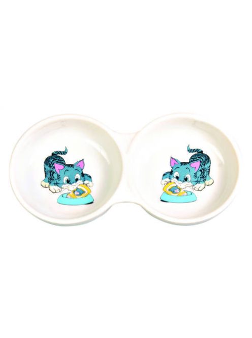 Trixie Ceramic Double Bowl - kerámia dupla tál (fehér,mintás) rövid orrú macskák részére (2x0,15l /Ø11cm)