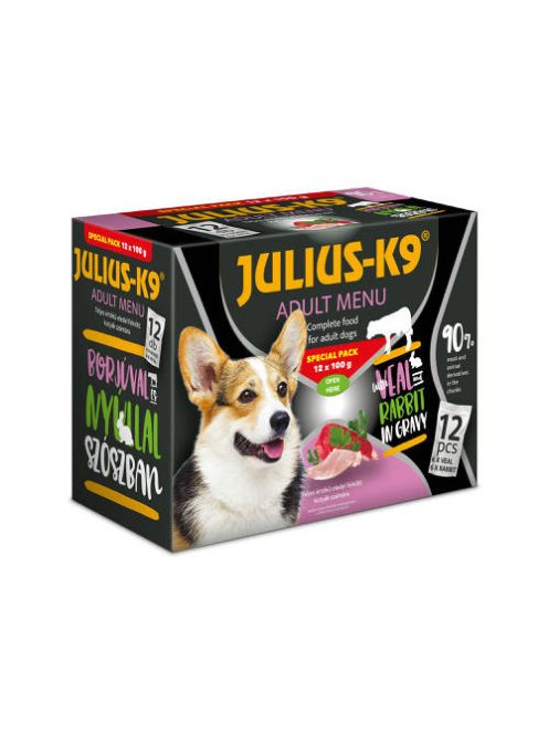 Julius - K9 Adult Menu Veal & Rabbit - nedves eledel (borjú,nyúl) válogatás szószban kutyák részére (12x100g)