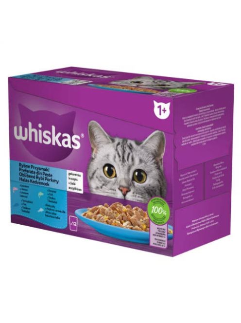 Whiskas Adult Popular Fish – Nedves eledel (lazac, tonhal, tőkehal, fehérhal aszpikban) macskák részére (12x85g)
