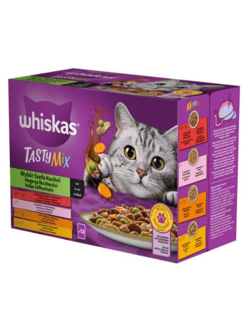 Whiskas TastyMix - Nedves eledel (marha,baromfi,zöldség,lazac,sárgarépa szószban) macskák részére (12x85g)
