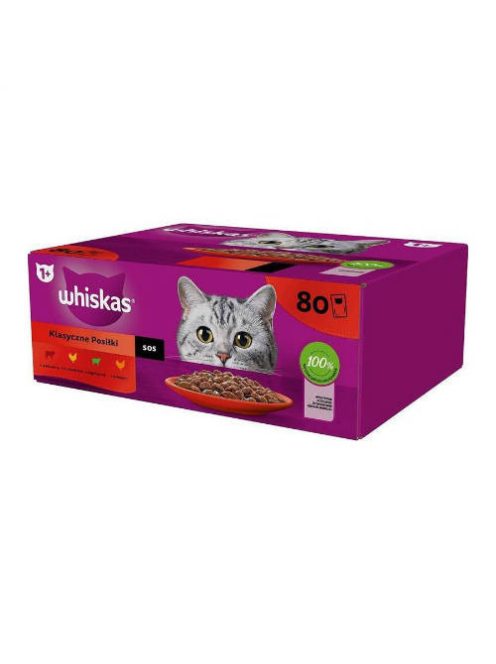 Whiskas Classic Meals 1+ - Nedves eledel (marha-,csirke-,bárány-, baromfi-, szószban) macskák részére (80x85g)