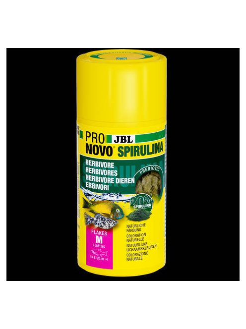 JBL ProNovo Spirulina Flakes "M" - Spirulina táppehely M-es méretben minden 8-20 cm-es akváriumi halhoz (100ml/16g)